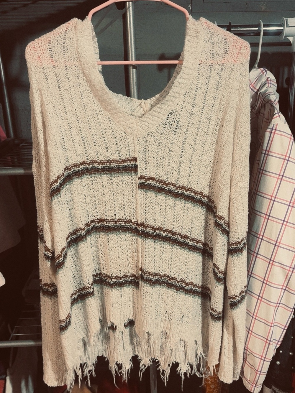 Relaxed Cream V-Neck Striped Knit Sweater